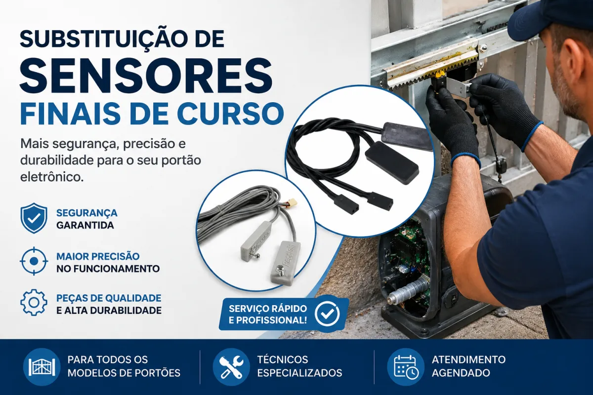 Sensor fim de curso de portão automático com oxidação e corrosão nos contatos — causa de curto-circuito